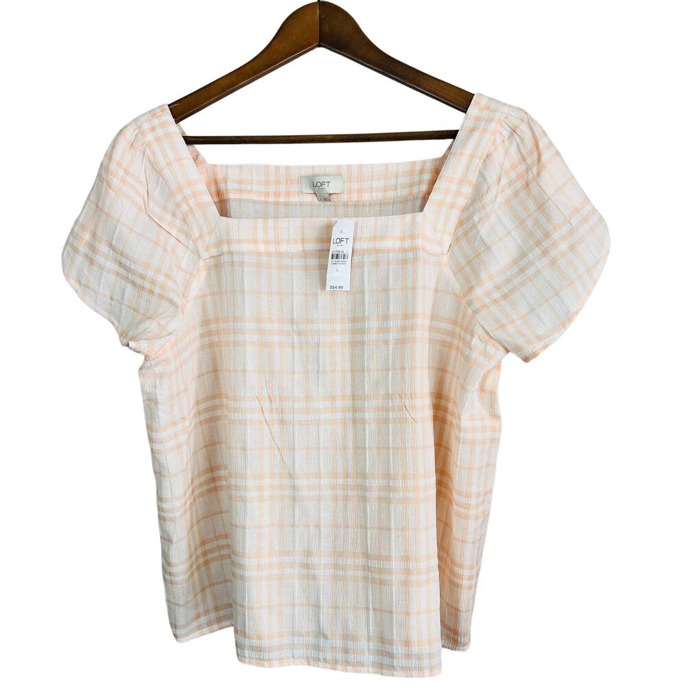 NEW! LOFT Outlet Pullover Tunic Plaid Short Sleeve Peach - L
